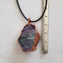 Load image into Gallery viewer, Fluorite raw crystal copper Electroformed pendant on black cord 40mm P127 - From the Earth Designs
