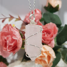 Load image into Gallery viewer, Rose Quartz crystal point pendant silver wire wrapped 48mm ( chain not included) P130
