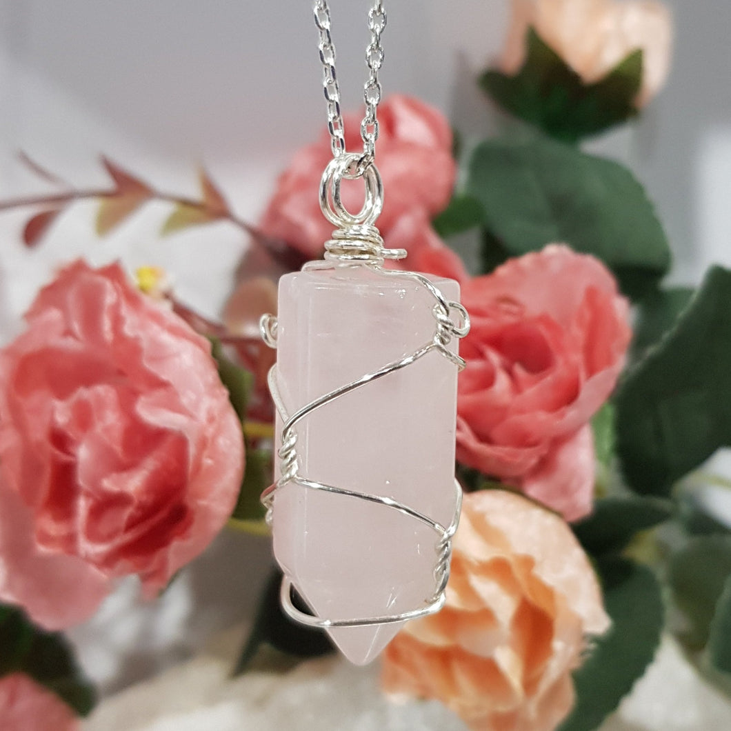 Rose Quartz crystal point pendant silver wire wrapped 48mm ( chain not included) P130