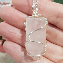 Load image into Gallery viewer, Rose Quartz crystal point pendant silver wire wrapped 48mm ( chain not included) P130
