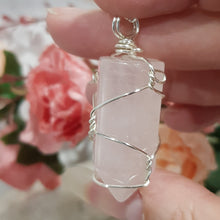 Load image into Gallery viewer, Rose Quartz crystal point pendant silver wire wrapped 48mm ( chain not included) P130
