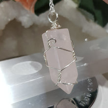 Load image into Gallery viewer, Rose Quartz crystal point pendant silver wire wrapped 48mm ( chain not included) P130
