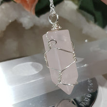 Load image into Gallery viewer, Rose Quartz crystal point pendant silver wire wrapped 48mm ( chain not included) P130
