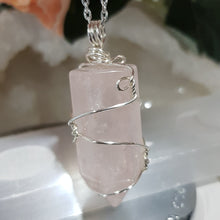 Load image into Gallery viewer, Rose Quartz crystal point pendant silver wire wrapped 48mm ( chain not included) P131
