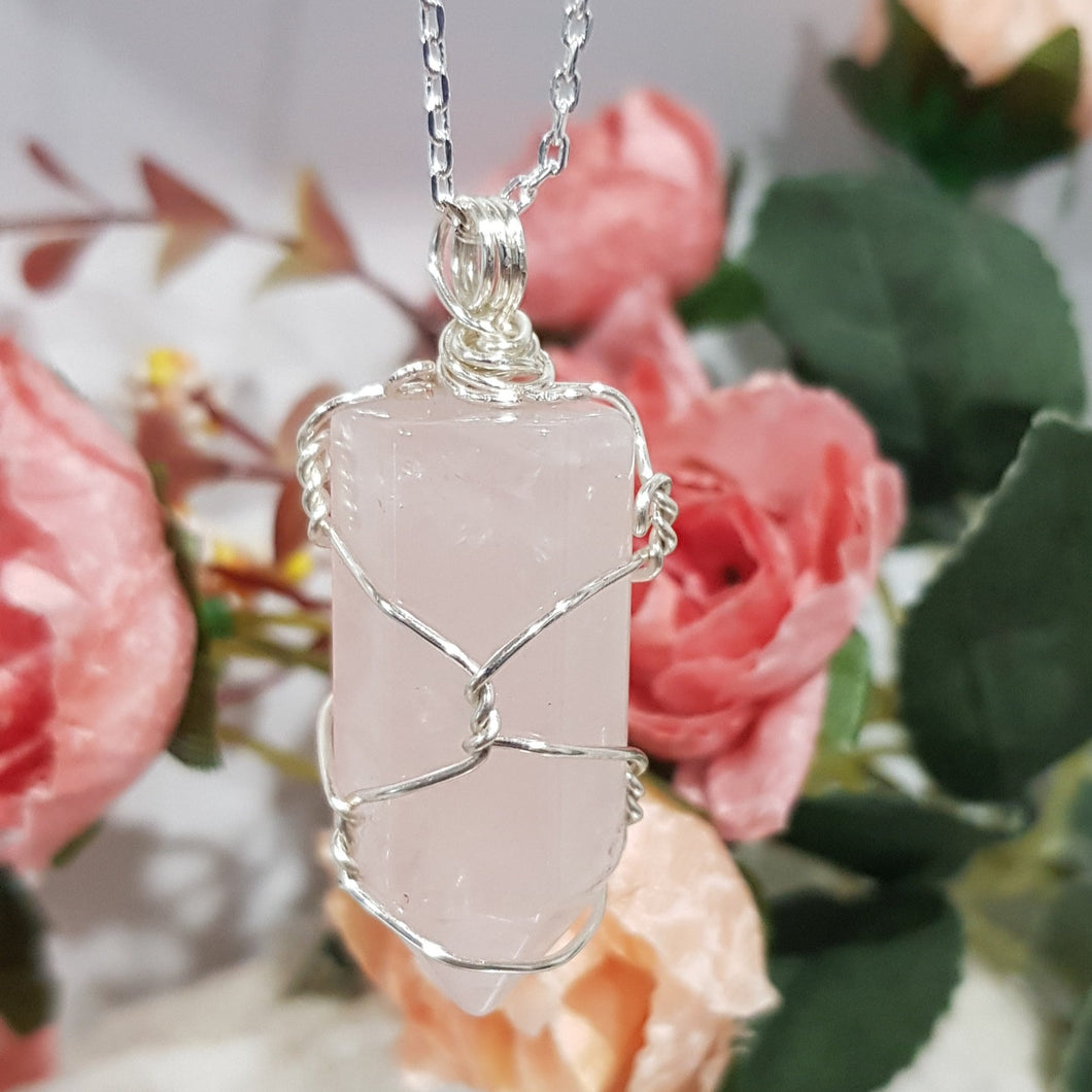 Rose Quartz crystal point pendant silver wire wrapped 48mm ( chain not included) P131