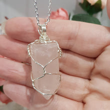 Load image into Gallery viewer, Rose Quartz crystal point pendant silver wire wrapped 48mm ( chain not included) P131
