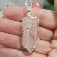 Load image into Gallery viewer, Rose Quartz crystal point pendant silver wire wrapped 48mm ( chain not included) P131
