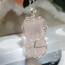 Load image into Gallery viewer, Rose Quartz crystal point pendant silver wire wrapped 48mm ( chain not included) P133
