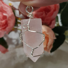 Load image into Gallery viewer, Rose Quartz crystal point pendant silver wire wrapped 48mm ( chain not included) P133
