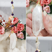 Load image into Gallery viewer, WISDOM / INTUITION / SPIRITUALITY - Lemurian Quartz Raw Crystal Gold Wired Energy Enhancer / Hanger / Sun Catcher 230mm EE68
