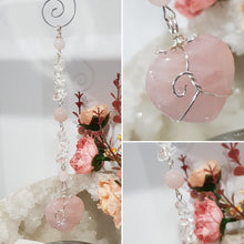 Load image into Gallery viewer, LOVE / HARMONY / SPIRITUAL AWARENESS - Rose Quartz Crystal Heart Silver Wired Stone Energy Enhancer / Hanger / Sun Catcher 200mm EE24
